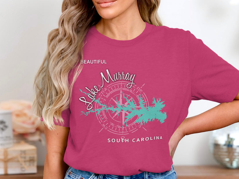 Dark pink t-shirt featuring a teal map and compass graphic for Lake Murray, South Carolina.