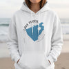 White hoodie with Lake Perris California map and compass graphic.