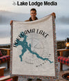 Woven blanket featuring Pokegama Lake map, Minnesota, with fringed edges.