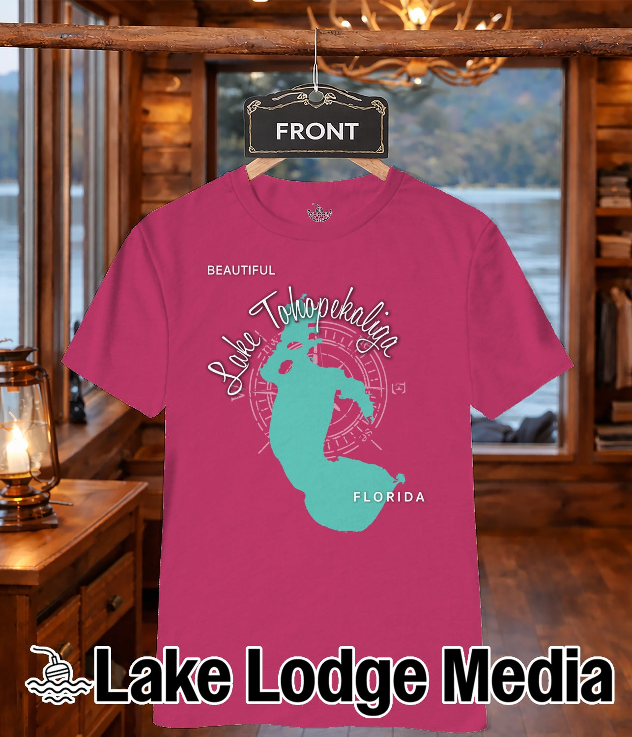 Pink t-shirt with a teal map of Lake Tohopekaliga and "FLORIDA" text.