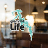 Glenville Life sticker with a turquoise lake outline and © Lake Lodge Media LLC.