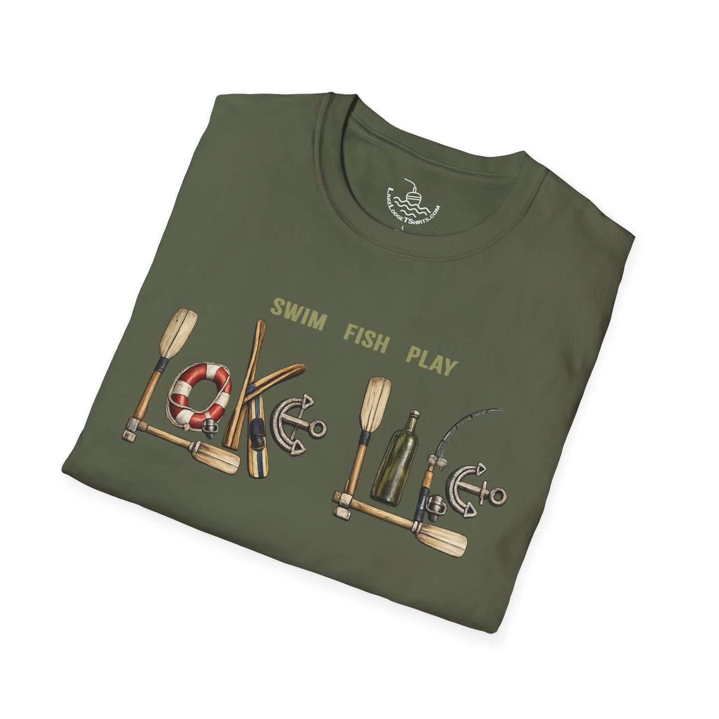 Lake Life T-Shirt | Boat Oars Life Preserver Anchor Letters Rustic Design | Fishing Water Skiing Gift Tee
