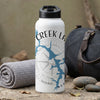 White water bottle with "Creek Lake" text and a blue map graphic over a compass rose.