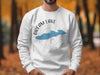 White sweatshirt with Dream Lake Colorado compass graphic and silhouette.