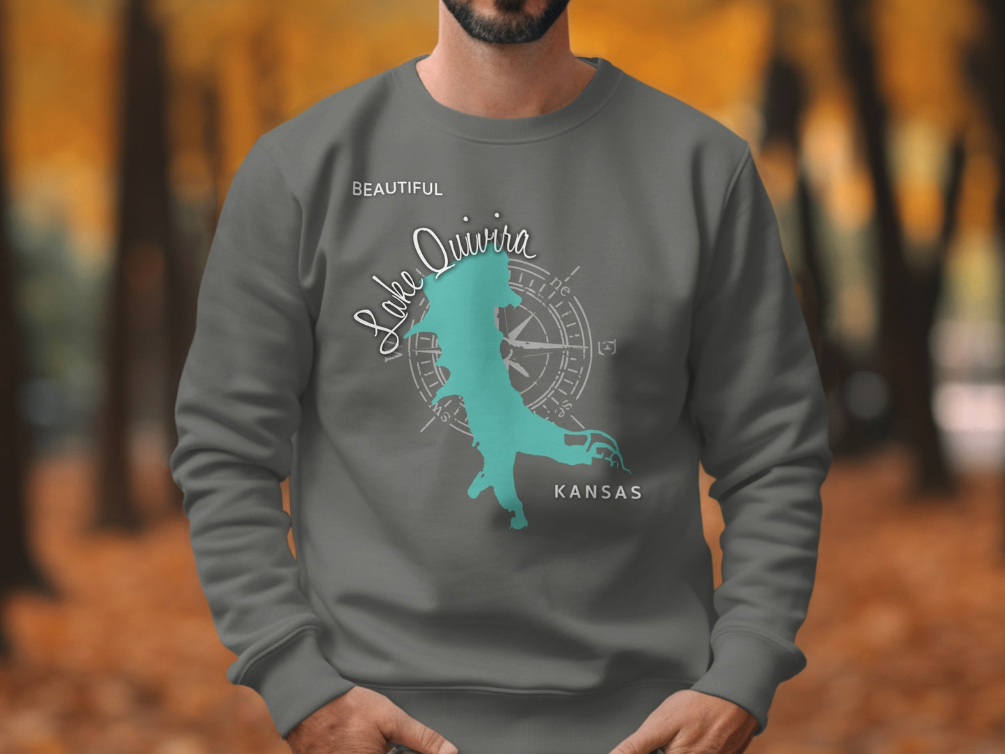 Dark gray sweatshirt with Lake Quivira map and compass graphic.