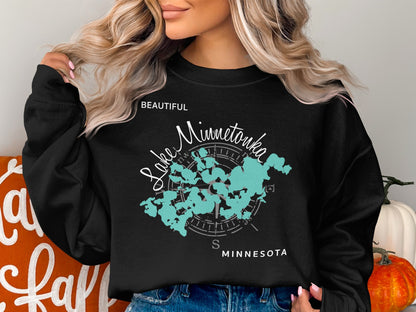 Black crewneck sweatshirt with Lake Minnetonka map and text.