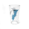 Glass with blue Trout Lake map, compass, and New York text.
