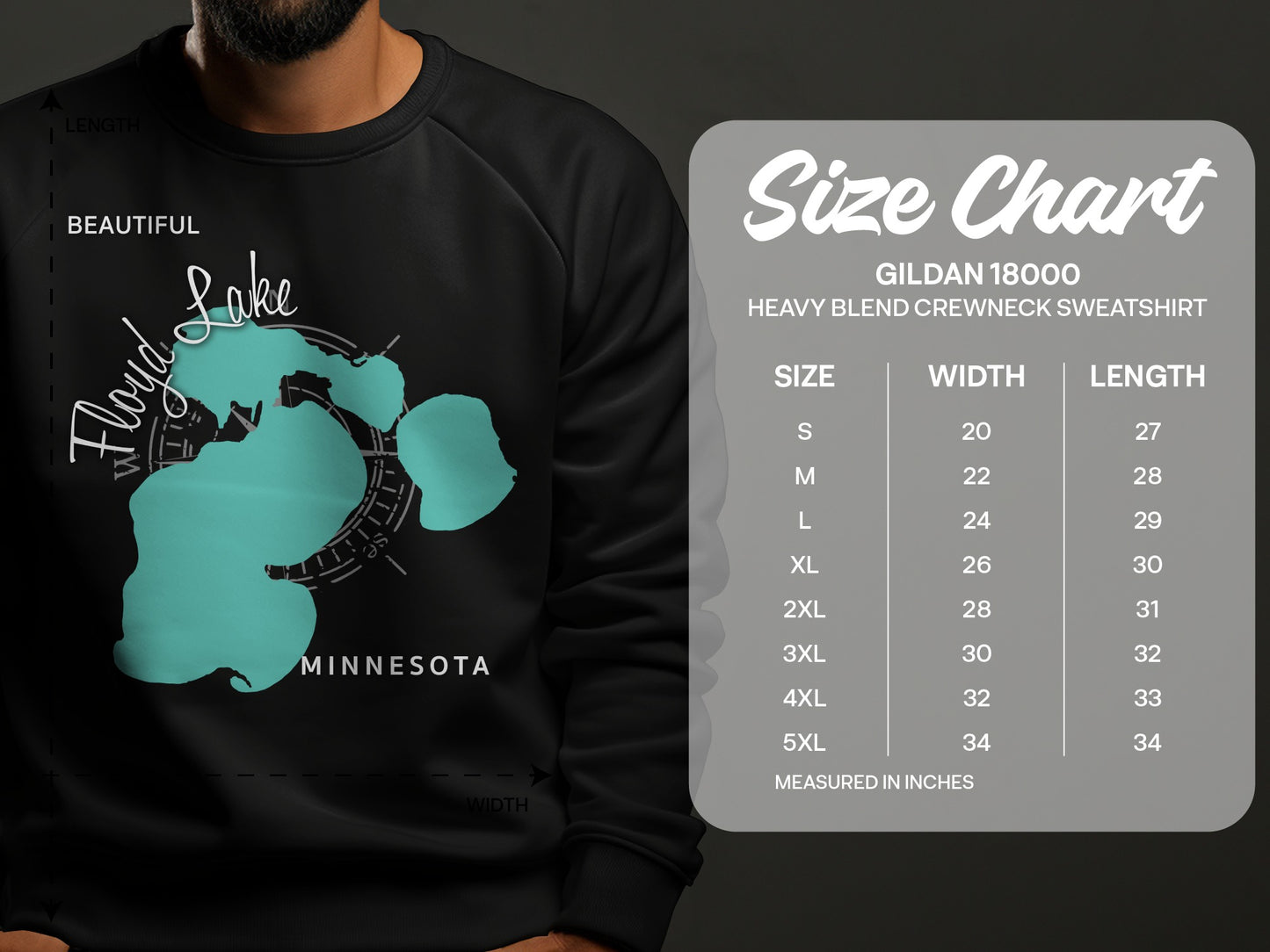 Floyd Lake Minnesota sweatshirt with size chart.