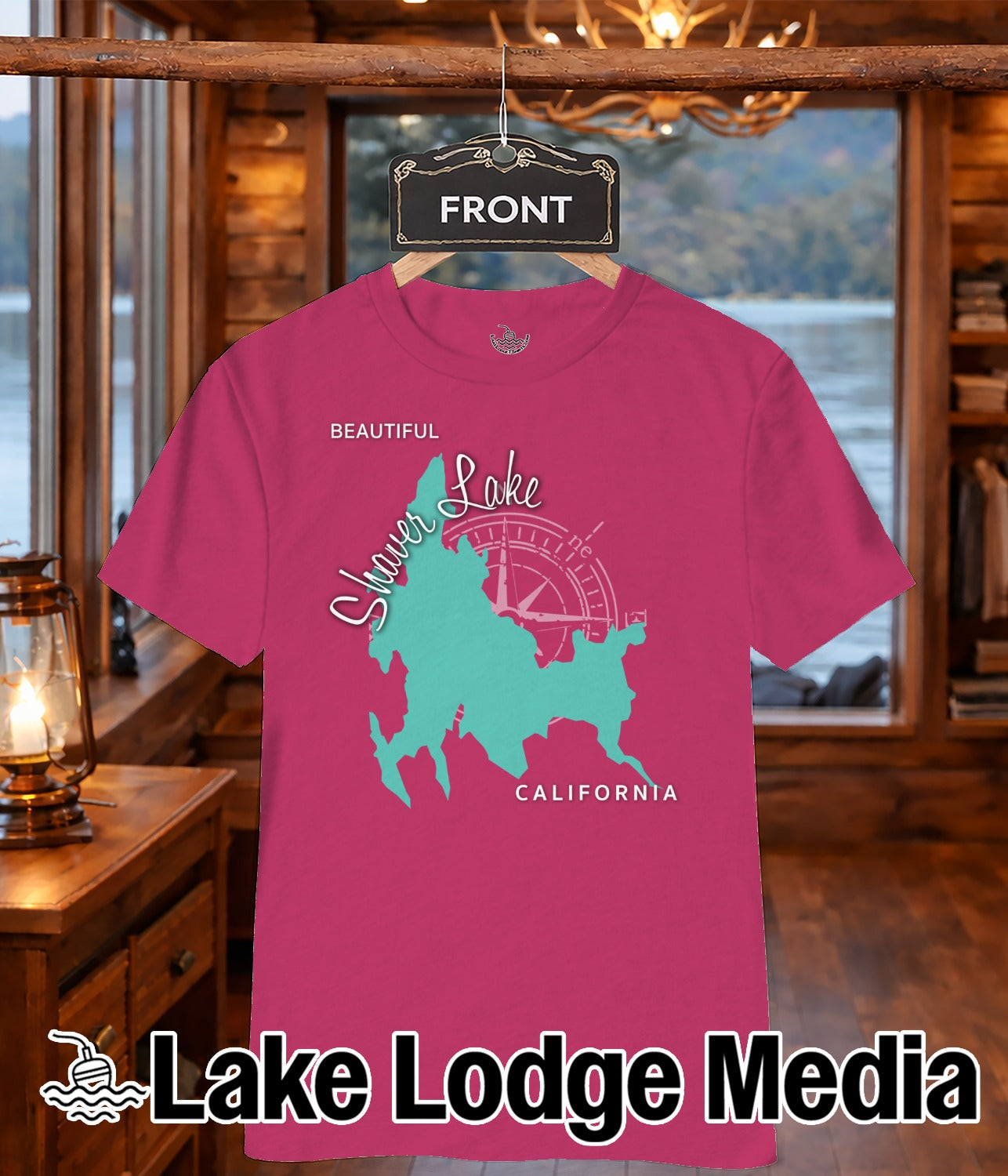 Pink t-shirt featuring Shaver Lake California map and compass rose.