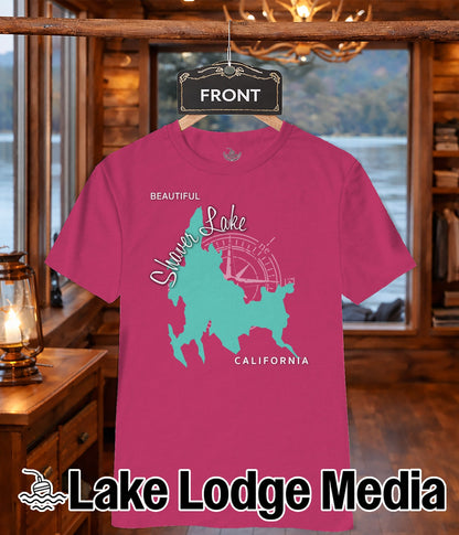 Pink t-shirt featuring Shaver Lake California map and compass rose.