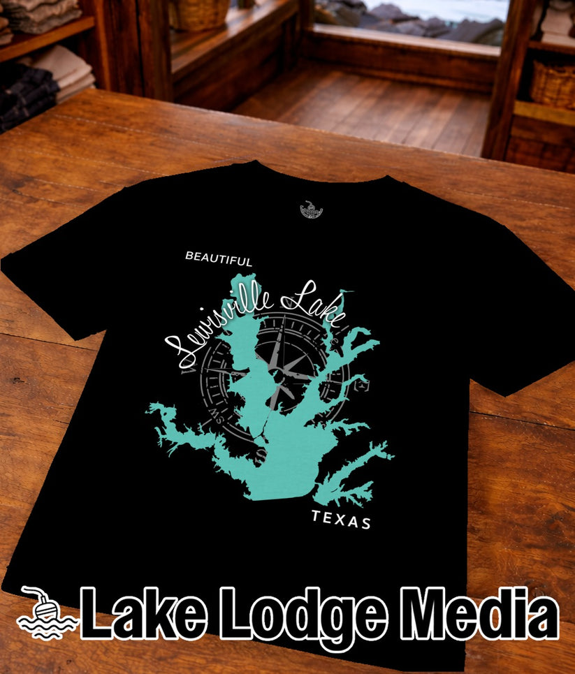Black t-shirt with turquoise lake outline and compass rose graphic, "TEXAS" text.