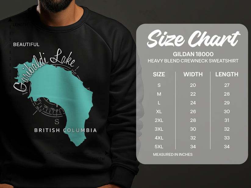 Crewneck sweatshirt size chart with Garibaldi Lake graphic.