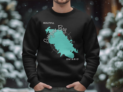 Black sweatshirt with a teal map of Georgian Bay, Ontario.