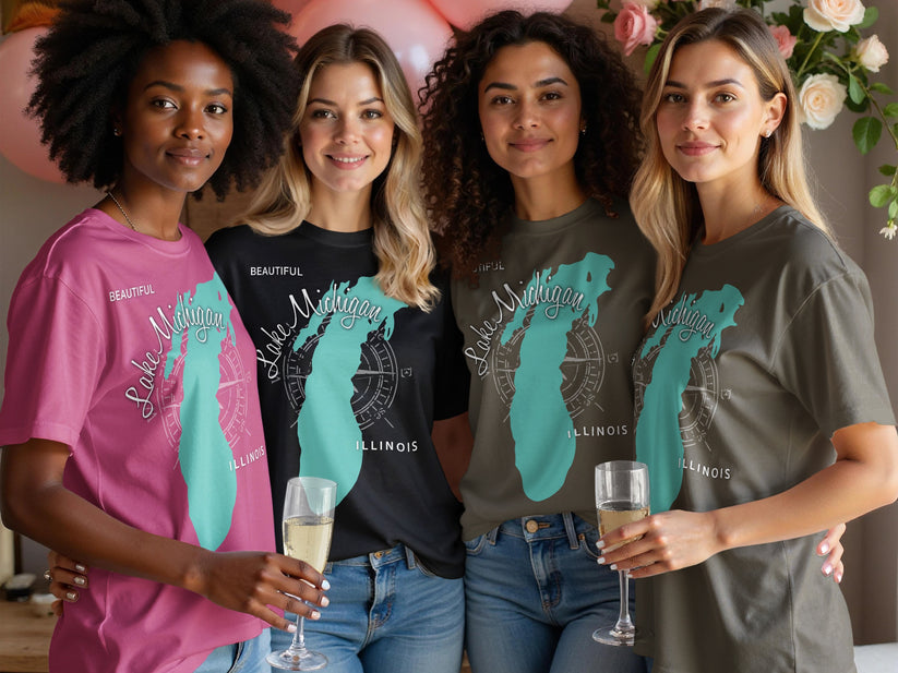 Four women wear t-shirts with "Beautiful Lake Michigan Illinois" graphic.