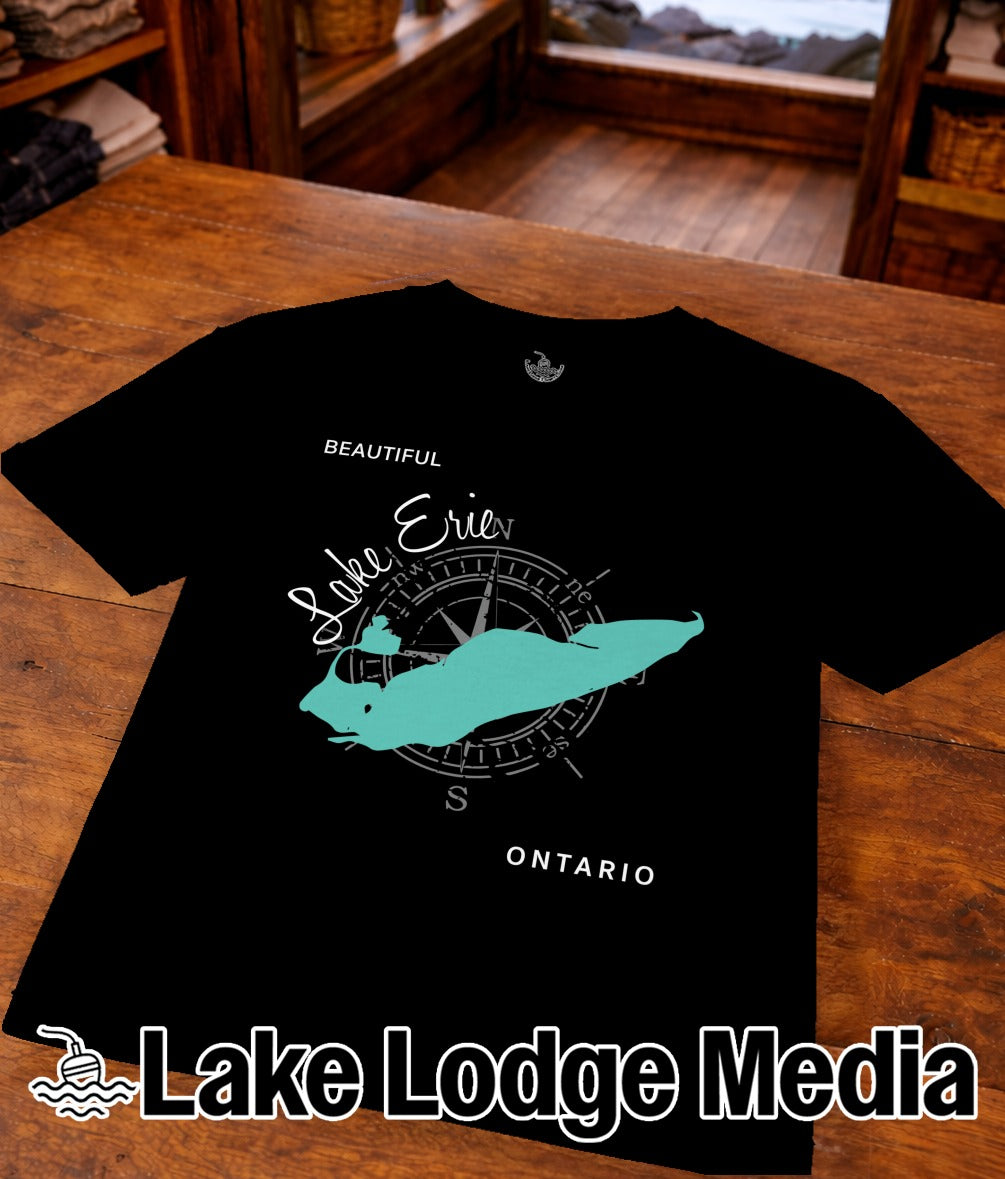 Black t-shirt with turquoise Lake Erie map and compass, "Lake Erie Ontario" text.