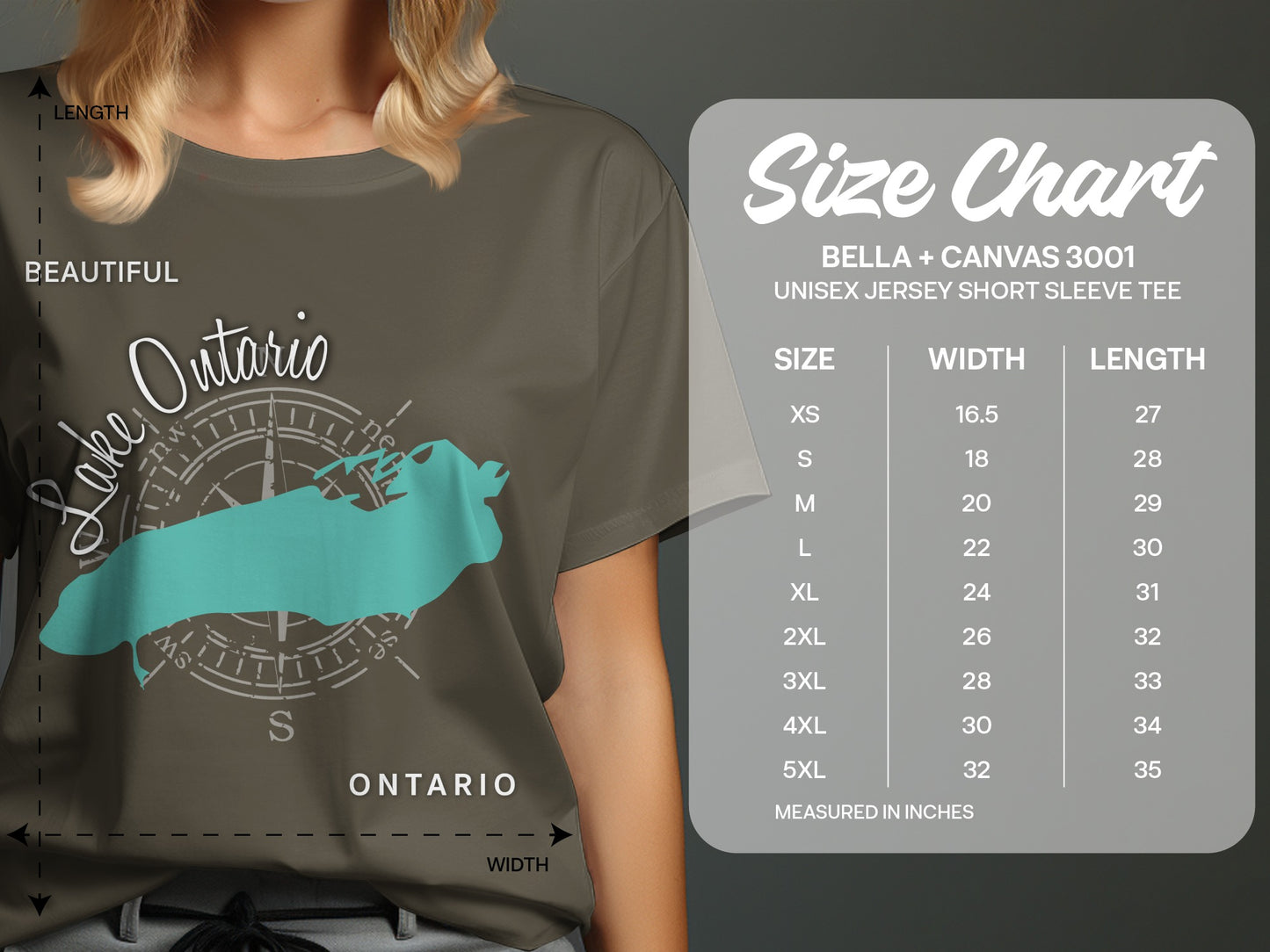 T-shirt size chart with measurements for Bella + Canvas 3001 unisex tee.