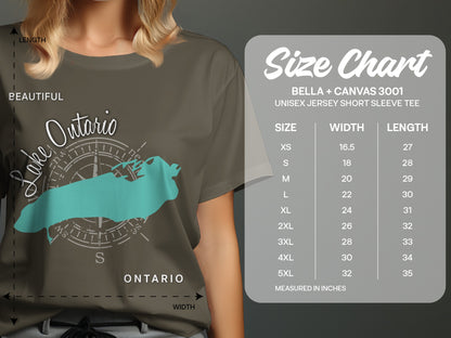 T-shirt size chart with measurements for Bella + Canvas 3001 unisex tee.