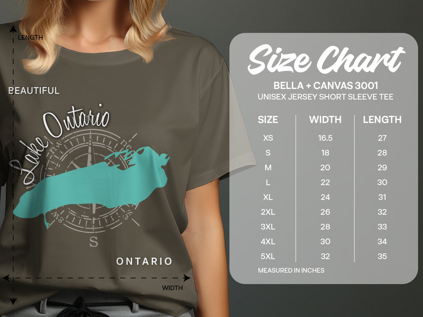 T-shirt size chart with measurements for Bella + Canvas 3001 unisex tee.