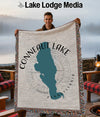 Conneaut Lake Pennsylvania map woven throw blanket with fringed edges.