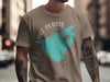 Taupe t-shirt with teal Lake Perris map graphic, compass rose, and "CALIFORNIA" text.