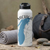 White water bottle with blue Michigan outline and compass design.