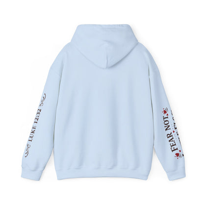 Fear Not Little Flock Hoodie with Printed Sleeves | Luke 12:32 Scripture Heart Design Bible Verse Gift | Share your faith