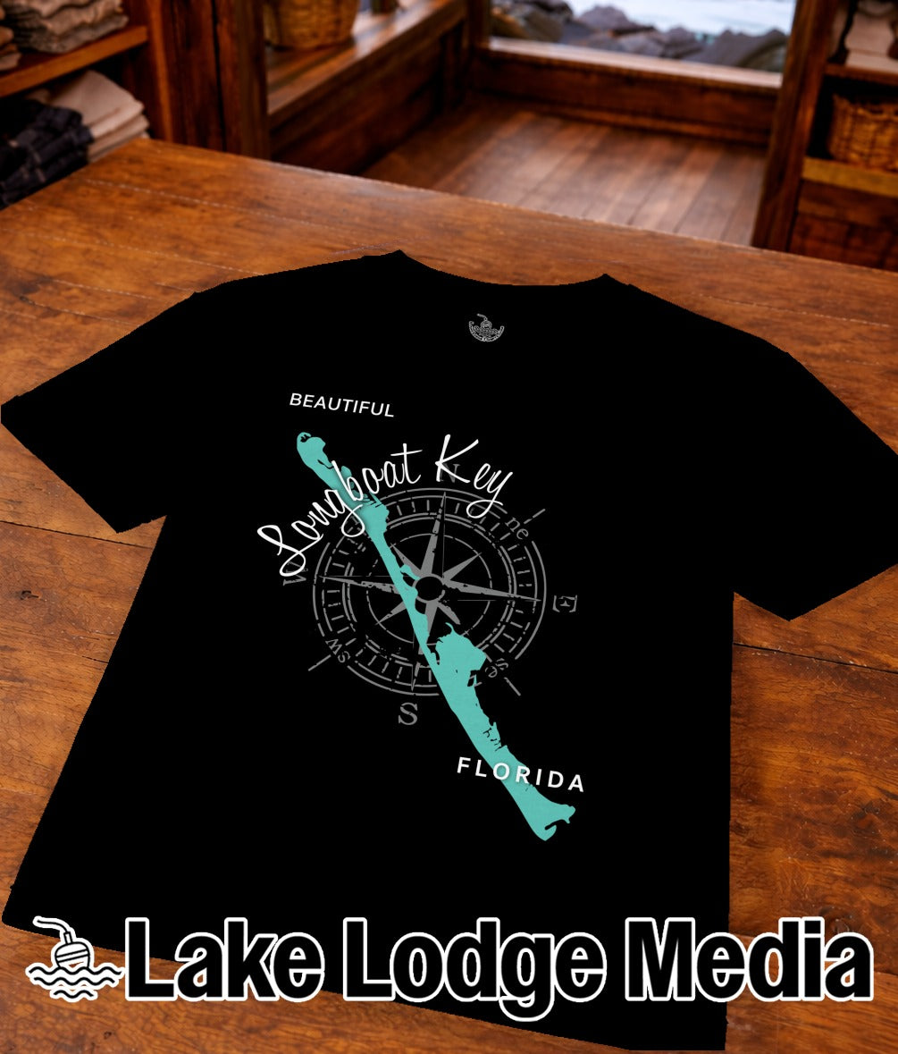 Black t-shirt with Longboat Key Florida map and compass graphic.