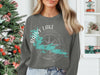 Gray sweatshirt with Rainy Lake, Minnesota compass and map graphic.