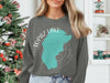 Grey sweatshirt with turquoise Topaz Lake map graphic and California text.