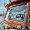 Cuyamaca Life sticker on a boat window with "Lake Lodge Media" text.