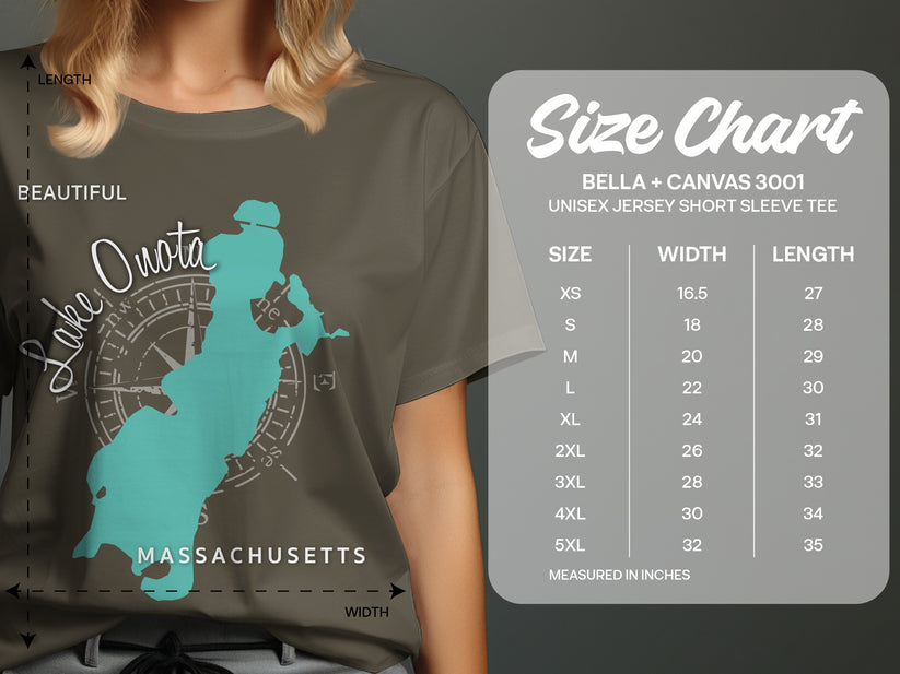 Size chart for Bella + Canvas 3001 unisex t-shirt with measurements.