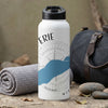 White water bottle with nautical compass and blue water design, text "ERIE" and "MIC".