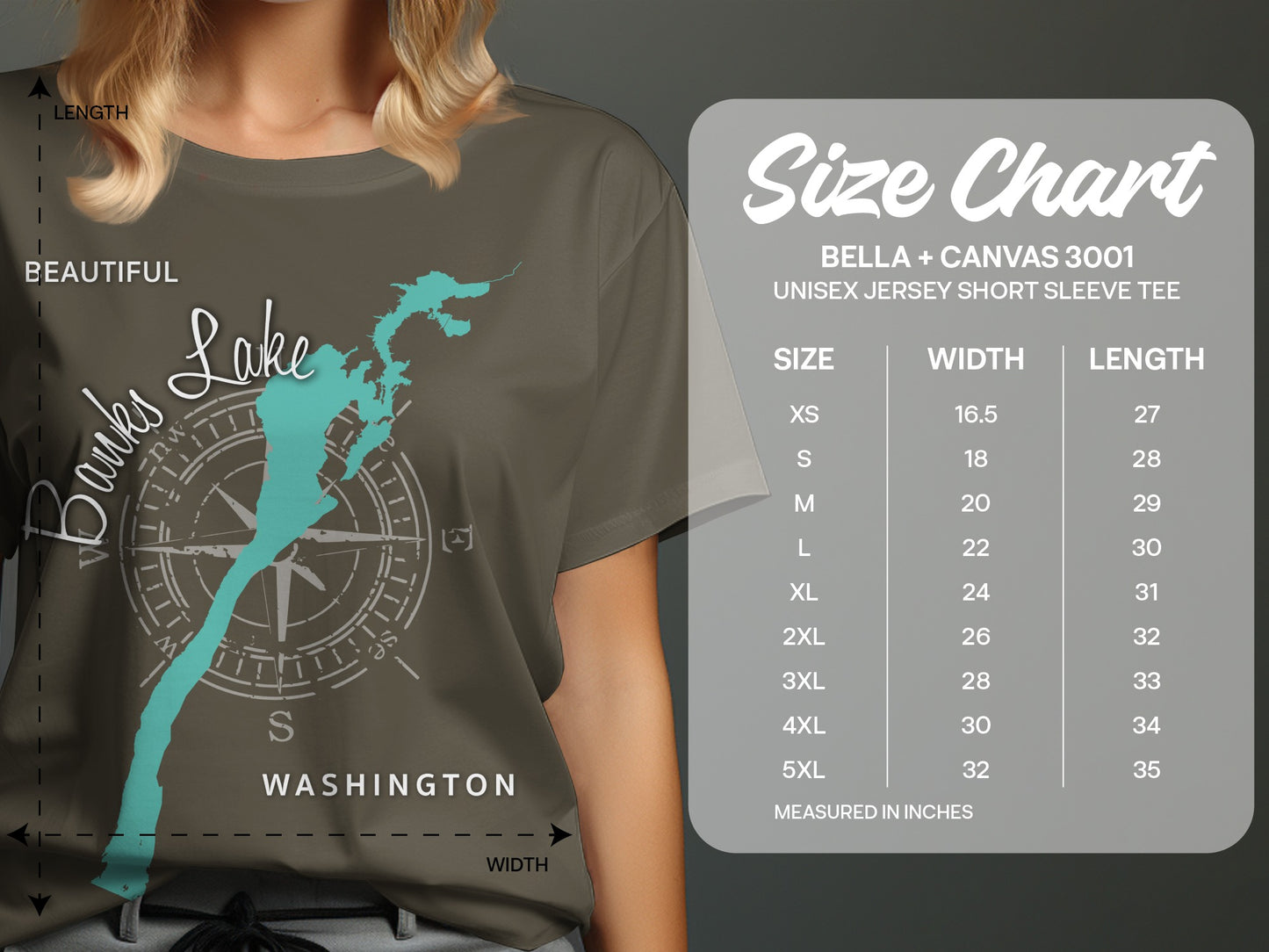 T-shirt size chart for Bella + Canvas 3001 unisex short sleeve tee.
