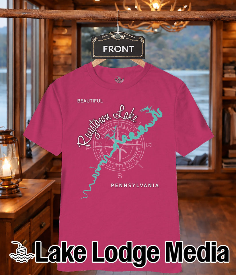 Pink t-shirt with "Raystown Lake Pennsylvania" text and compass design.