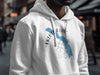 White hoodie with Eklutna Lake Alaska map and compass graphic.