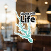 Clarks Hill Life sticker with turquoise lake shape and copyright text.