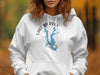 White hoodie with Lake Murray Oklahoma map graphic and compass rose.