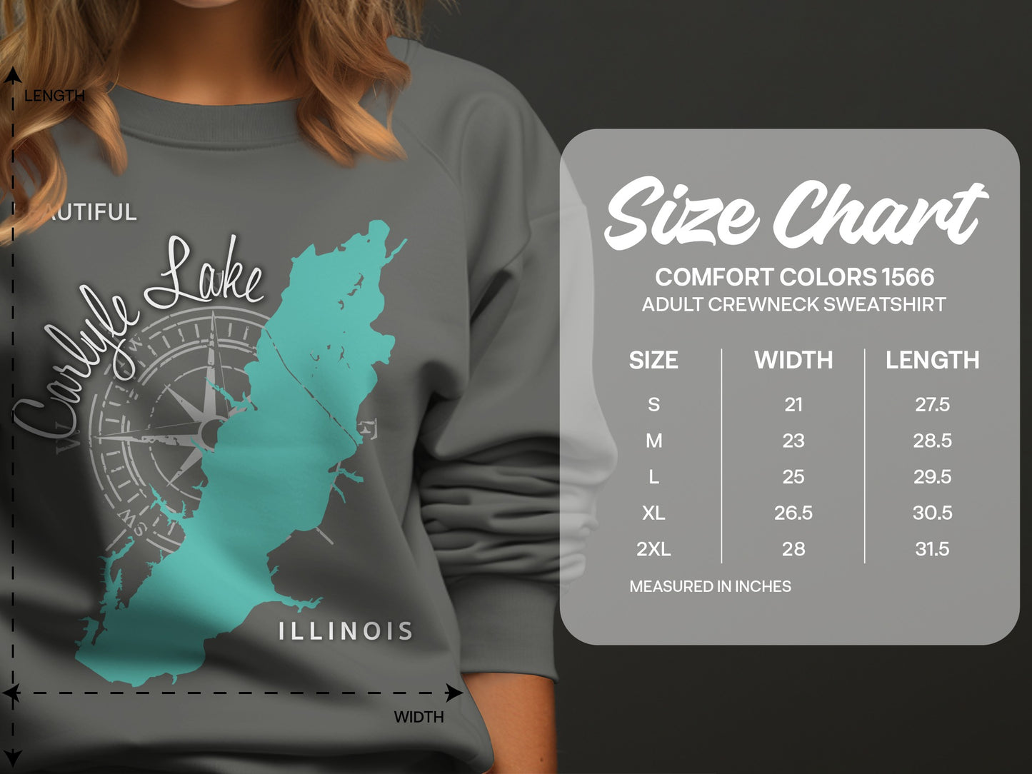 Carlyle Lake Illinois map on sweatshirt with size chart.