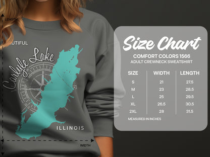 Carlyle Lake Illinois map on sweatshirt with size chart.
