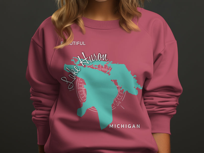 Crewneck sweatshirt with "Lake Huron Michigan" graphic in teal outline.