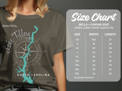 T-shirt size chart for Bella + Canvas 3001 unisex tee, with Tillery Lake graphic.