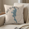 Decorative pillow featuring a blue map of Lake Sunapee, New Hampshire and compass rose design.