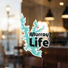 Turquoise Murray Life sticker in lake shape on glass.