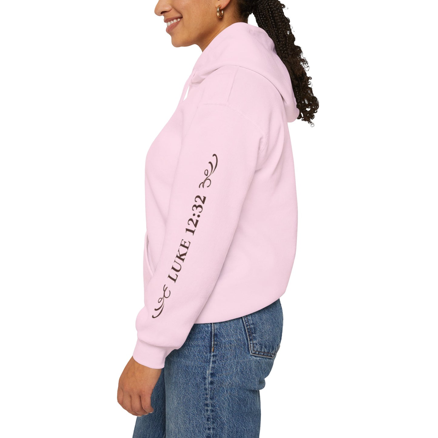 Fear Not Little Flock Hoodie with Printed Sleeves | Luke 12:32 Scripture Heart Design Bible Verse Gift | Share your faith