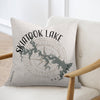 Skiatook Lake Oklahoma map design on a linen pillow on a chair.