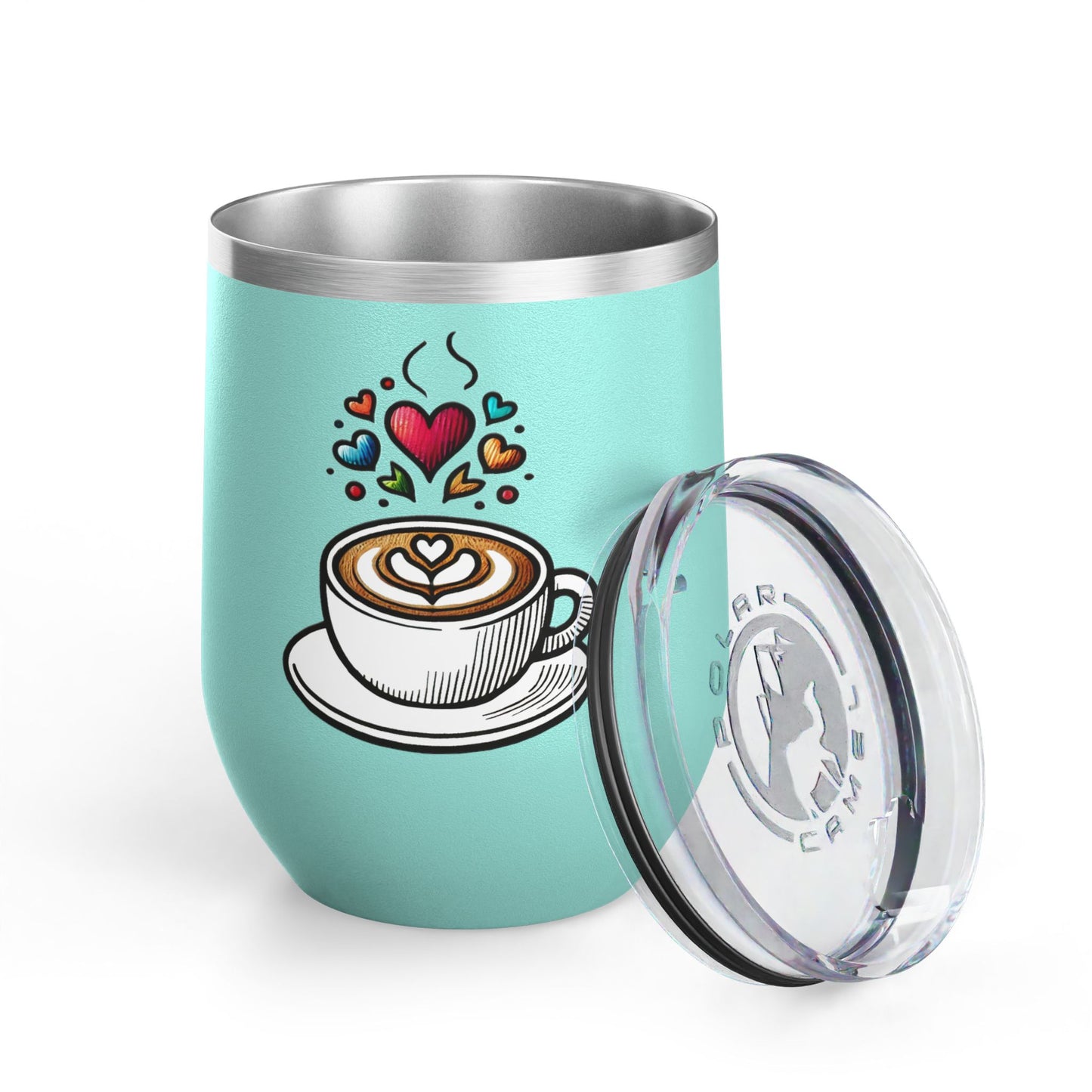 Charming Coffee Wine Tumbler with Lid for Coloring Book Lovers, Heart and Latte Design, Stainless Steel