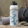 White water bottle with "FORT GIB" text over a blue lake map and compass design.