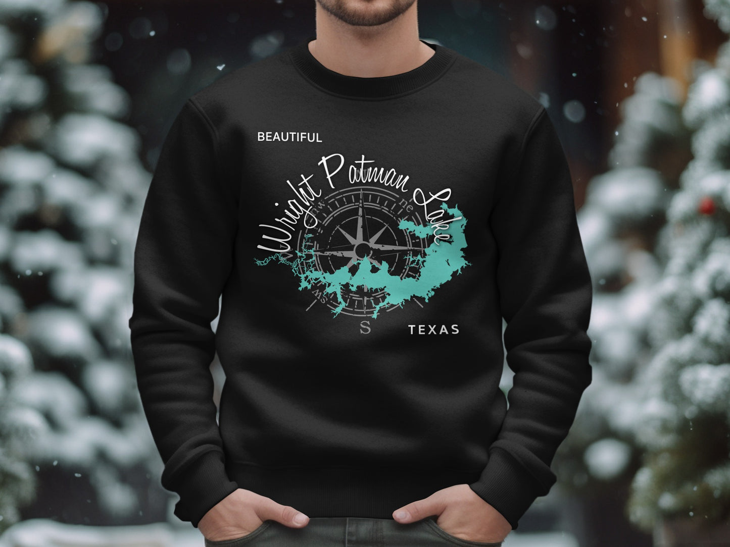 Black sweatshirt with "Wright Patman Lake Texas" and compass graphic.