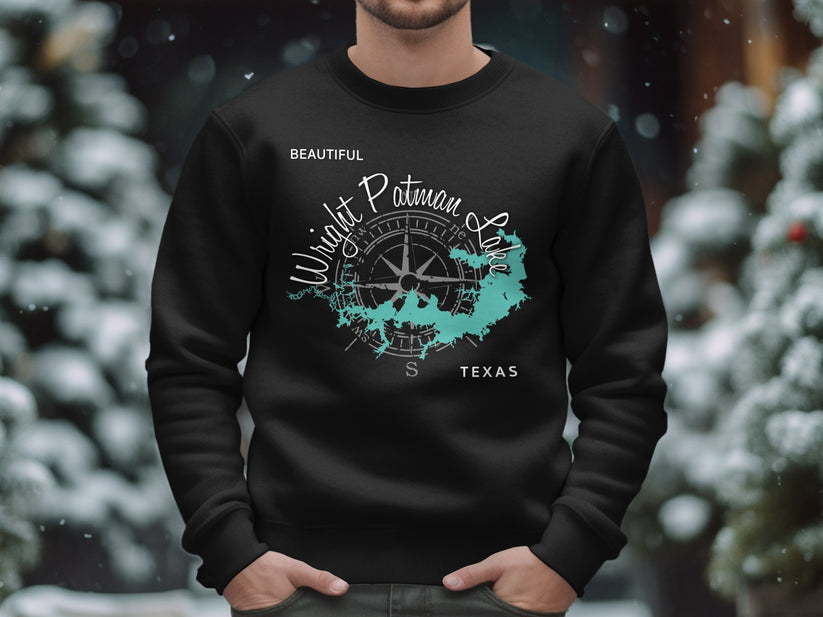 Black sweatshirt with "Wright Patman Lake Texas" and compass graphic.