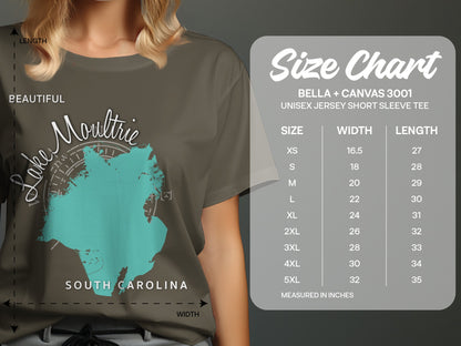 T-shirt size chart with garment measurements and lake graphic.